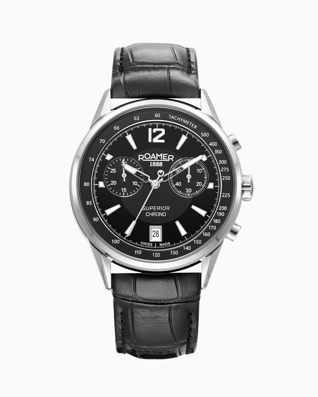 Superior Chrono III 44mm Quartz Chronograph Date Black Dial Black Leather Strap Sapphire glass Stainless Steel swiss watch