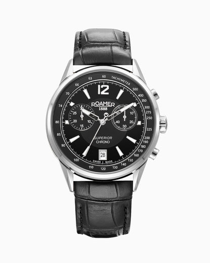 Superior Chrono III 44mm Quartz Chronograph Date Black Dial Black Leather Strap Sapphire glass Stainless Steel swiss watch