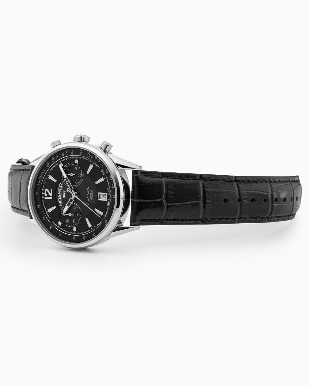 Superior Chrono III 44mm Quartz Chronograph Date Black Dial Black Leather Strap Sapphire glass Stainless Steel swiss watch