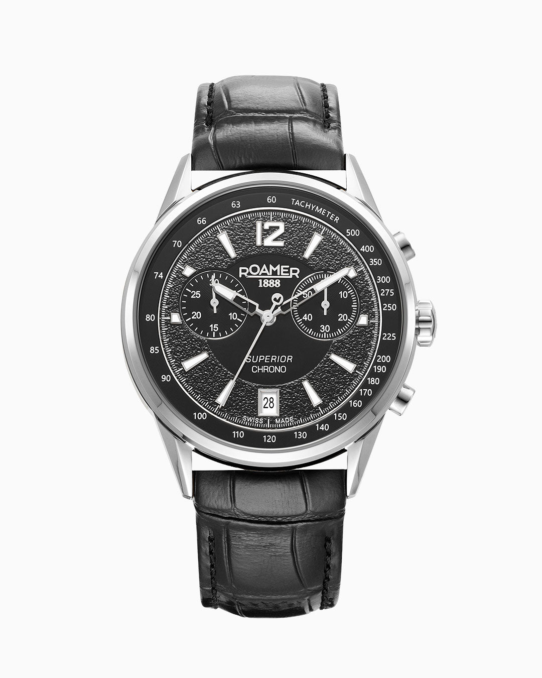 Superior Chrono III 44mm Quartz Chronograph Date Black Dial Black Leather Strap Sapphire glass Stainless Steel swiss watch