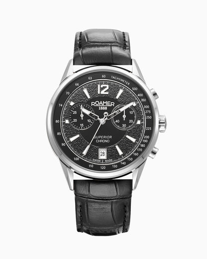 Superior Chrono III 44mm Quartz Chronograph Date Black Dial Black Leather Strap Sapphire glass Stainless Steel swiss watch
