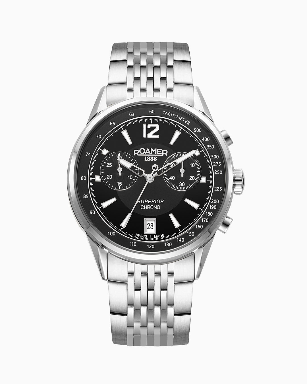 Superior Chrono III 44mm Quartz Chronograph Date Black Dial Silver Bracelet Sapphire glass Stainless Steel swiss watch