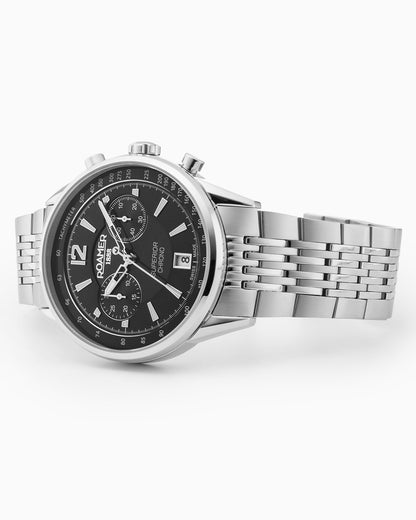 Superior Chrono III 44mm Quartz Chronograph Date Black Dial Silver Bracelet Sapphire glass Stainless Steel swiss watch