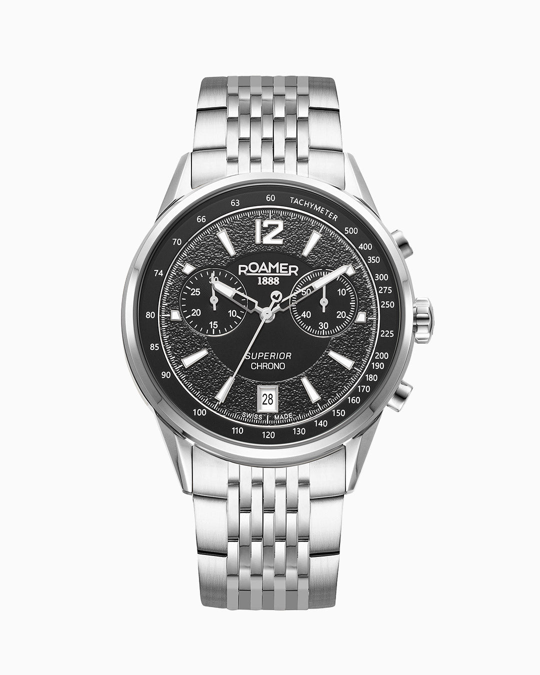 Superior Chrono III 44mm Quartz Chronograph Date Black Dial Silver Bracelet Sapphire glass Stainless Steel swiss watch