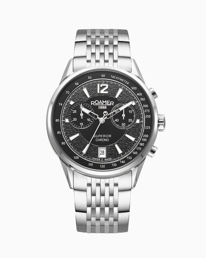 Superior Chrono III 44mm Quartz Chronograph Date Black Dial Silver Bracelet Sapphire glass Stainless Steel swiss watch
