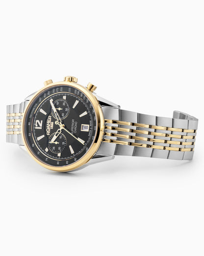 Superior Chrono III 44mm Quartz Chronograph Date Black Dial Two-Tone Bracelet Sapphire glass Stainless Steel swiss watch