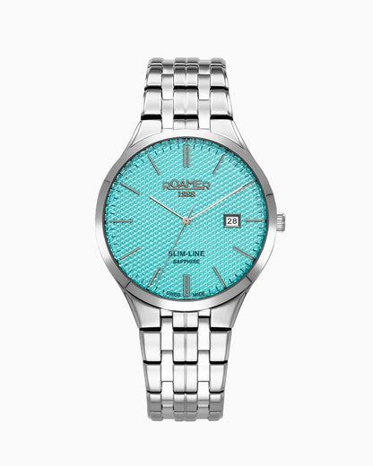 Slim Line Classic 40 mm Quartz Three-Hand Date Sky Blue Dial Silver Bracelet Sapphire glass Stainless Steel swiss watch