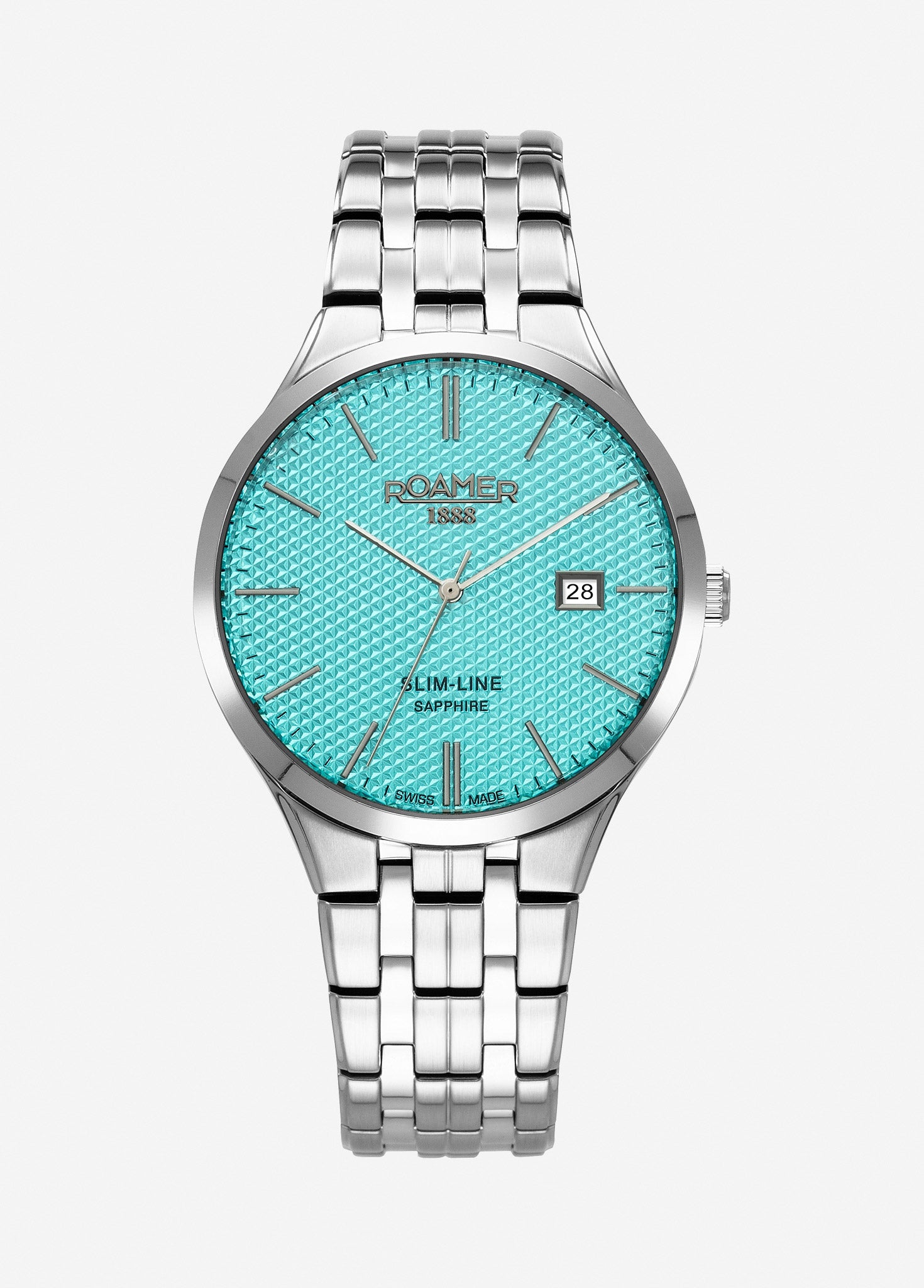 Slim Line Classic 40 mm Quartz Three-Hand Date Sky Blue Dial Silver Bracelet Sapphire glass Stainless Steel swiss watch