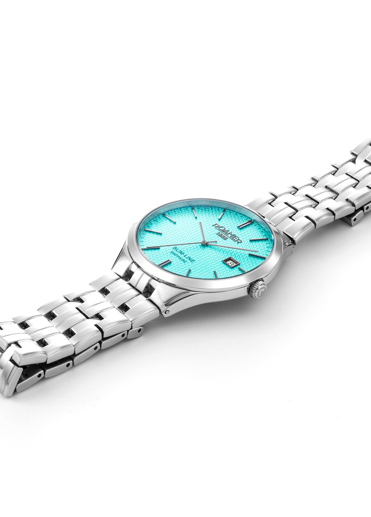 Slim Line Classic 40 mm Quartz Three-Hand Date Sky Blue Dial Silver Bracelet Sapphire glass Stainless Steel swiss watch