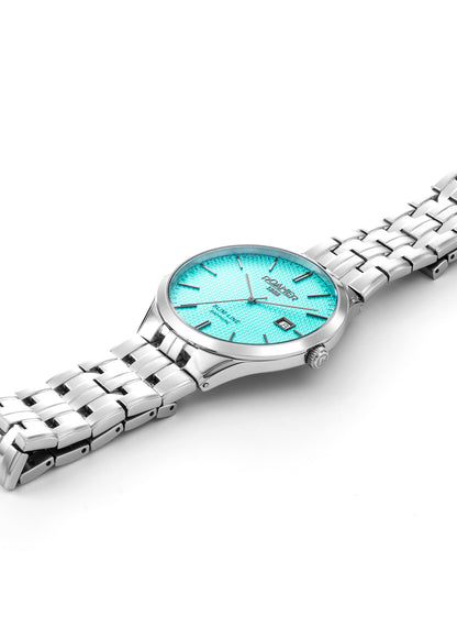 Slim Line Classic 40 mm Quartz Three-Hand Date Sky Blue Dial Silver Bracelet Sapphire glass Stainless Steel swiss watch