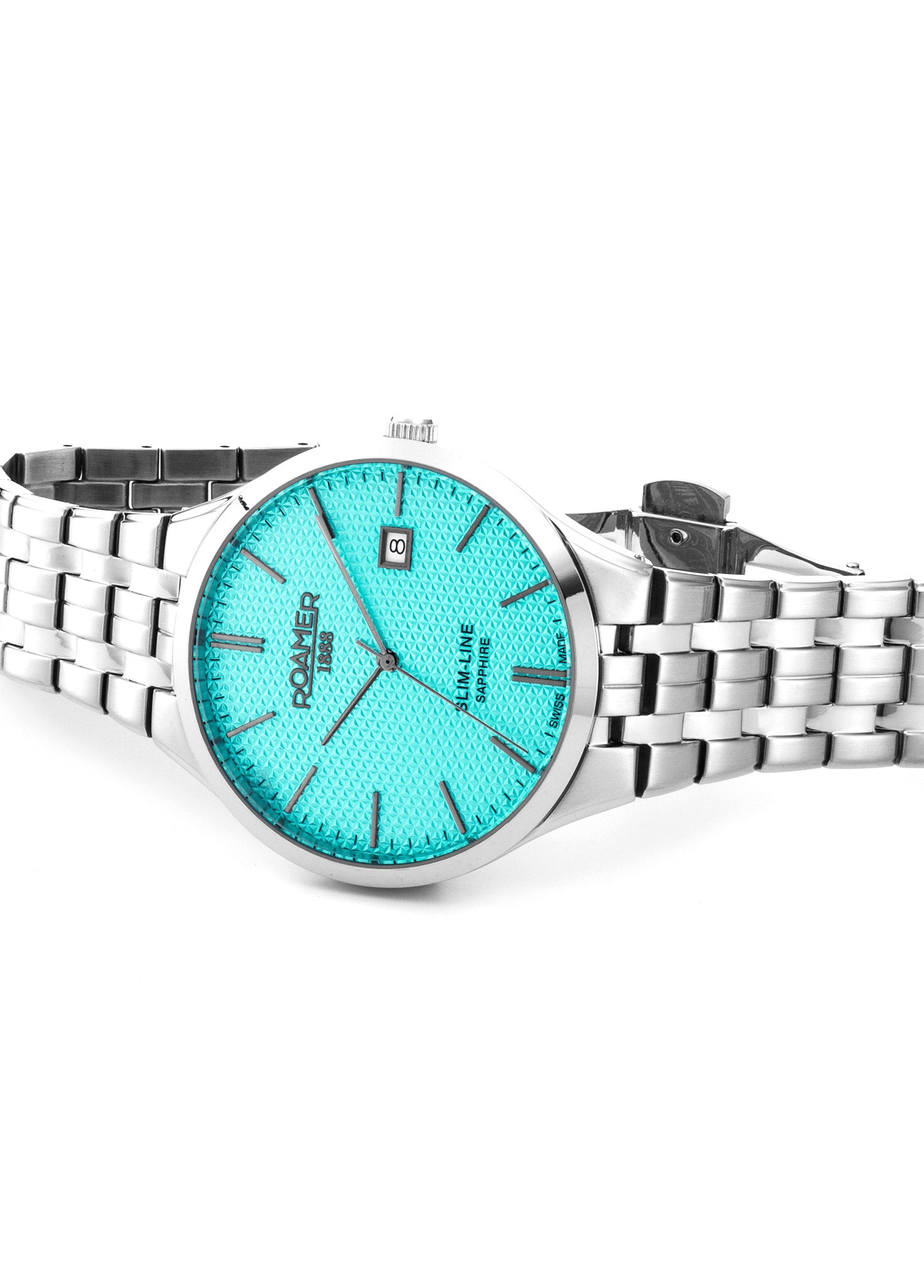Slim Line Classic 40 mm Quartz Three-Hand Date Sky Blue Dial Silver Bracelet Sapphire glass Stainless Steel swiss watch