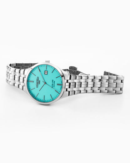 Slim Line Classic 40 mm Quartz Three-Hand Date Sky Blue Dial Silver Bracelet Sapphire glass Stainless Steel swiss watch