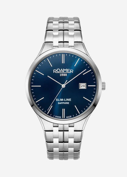 Slim Line Classic 40 mm Quartz Three-Hand Date Blue Dial Silver Bracelet Sapphire glass Stainless Steel swiss watch
