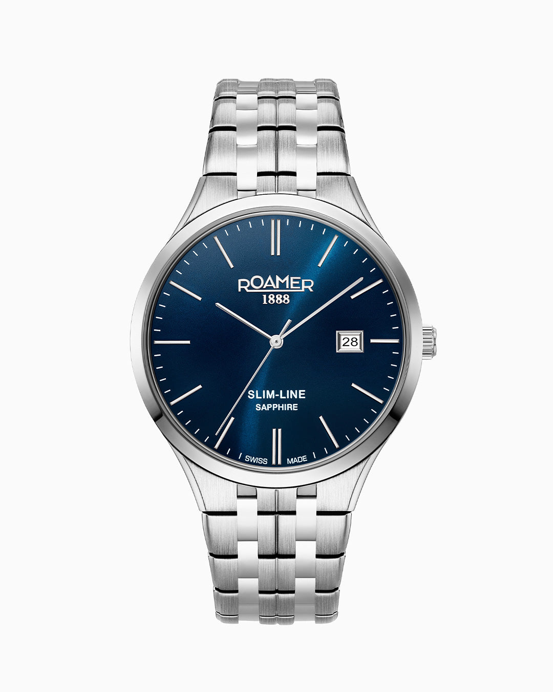 Slim Line Classic 40 mm Quartz Three-Hand Date Blue Dial Silver Bracelet Sapphire glass Stainless Steel swiss watch