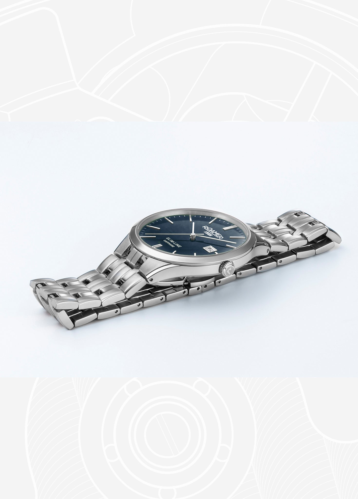 Slim Line Classic 40 mm Quartz Three-Hand Date Blue Dial Silver Bracelet Sapphire glass Stainless Steel swiss watch