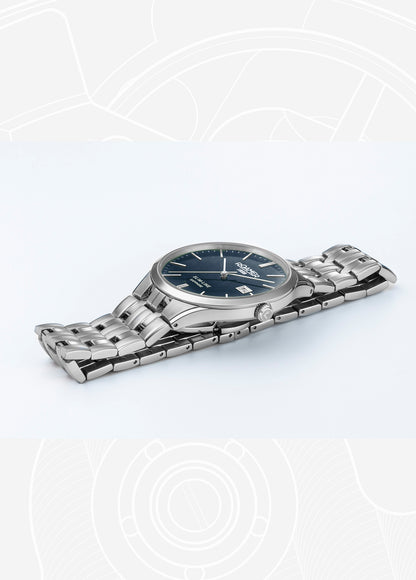 Slim Line Classic 40 mm Quartz Three-Hand Date Blue Dial Silver Bracelet Sapphire glass Stainless Steel swiss watch
