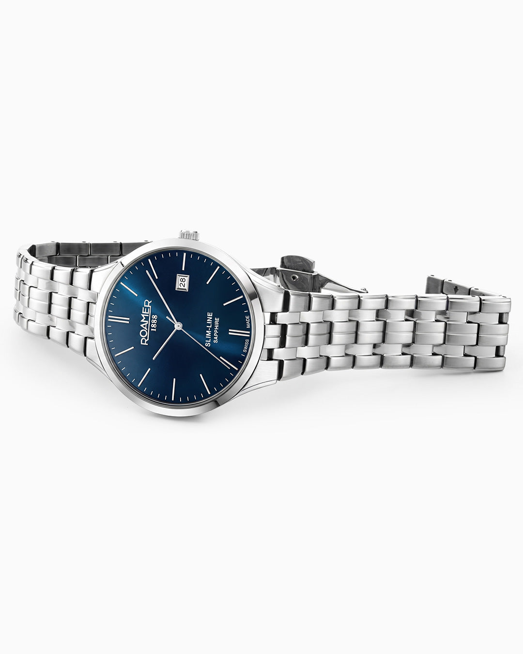 Slim Line Classic 40 mm Quartz Three-Hand Date Blue Dial Silver Bracelet Sapphire glass Stainless Steel swiss watch