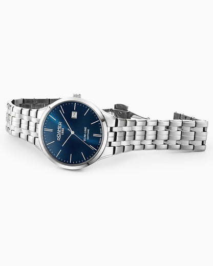 Slim Line Classic 40 mm Quartz Three-Hand Date Blue Dial Silver Bracelet Sapphire glass Stainless Steel swiss watch
