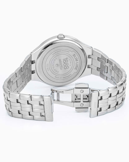 Slim Line Classic 40 mm Quartz Three-Hand Date Black Dial Silver Bracelet Sapphire glass Stainless Steel swiss watch