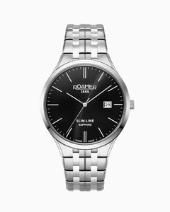 Slim Line Classic 40 mm Quartz Three-Hand Date Black Dial Silver Bracelet Sapphire glass Stainless Steel swiss watch