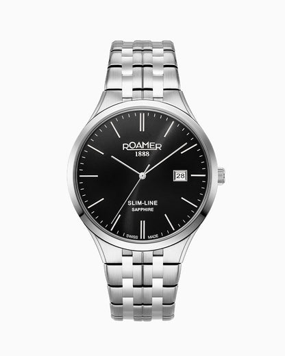 Slim Line Classic 40 mm Quartz Three-Hand Date Black Dial Silver Bracelet Sapphire glass Stainless Steel swiss watch