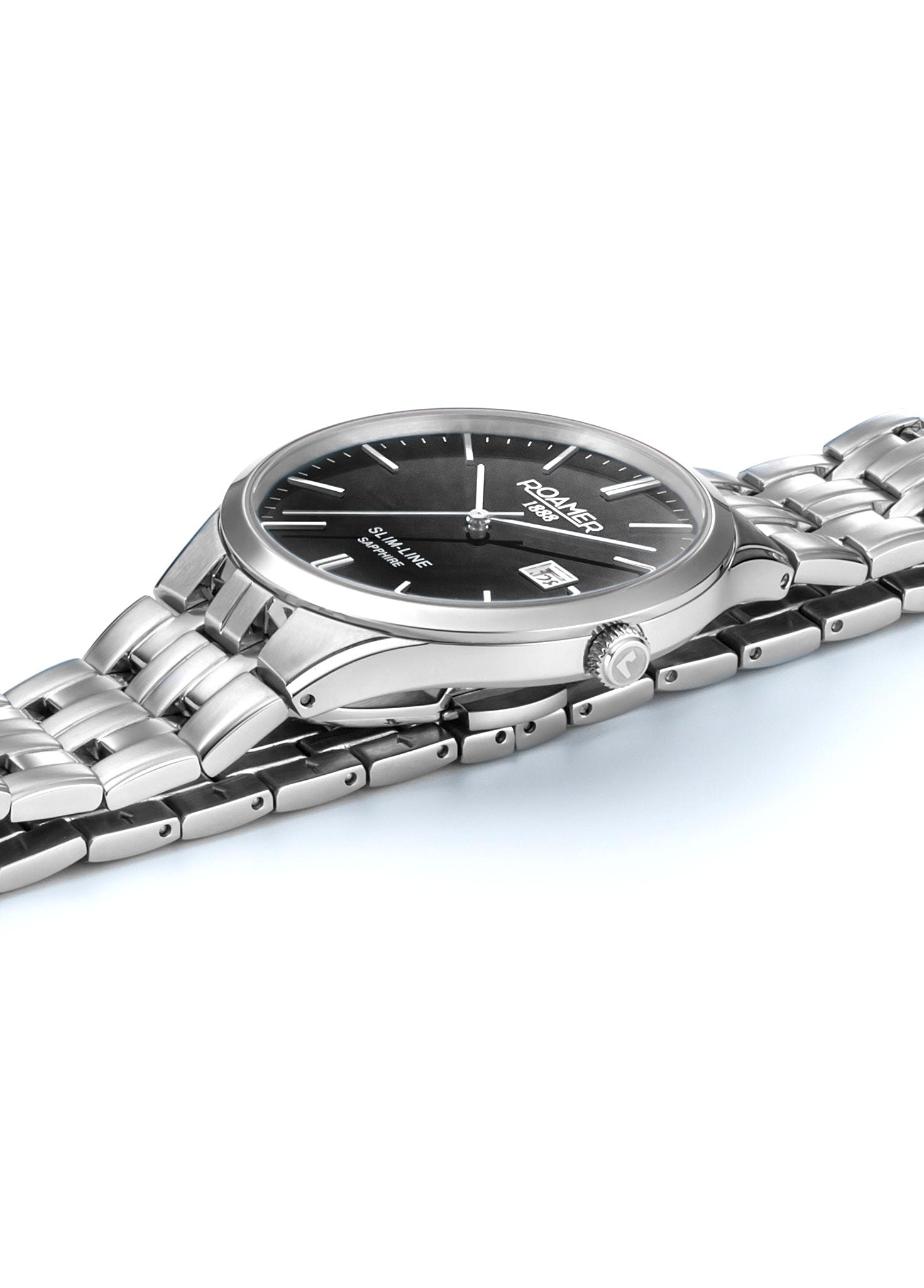 Slim Line Classic 40 mm Quartz Three-Hand Date Black Dial Silver Bracelet Sapphire glass Stainless Steel swiss watch