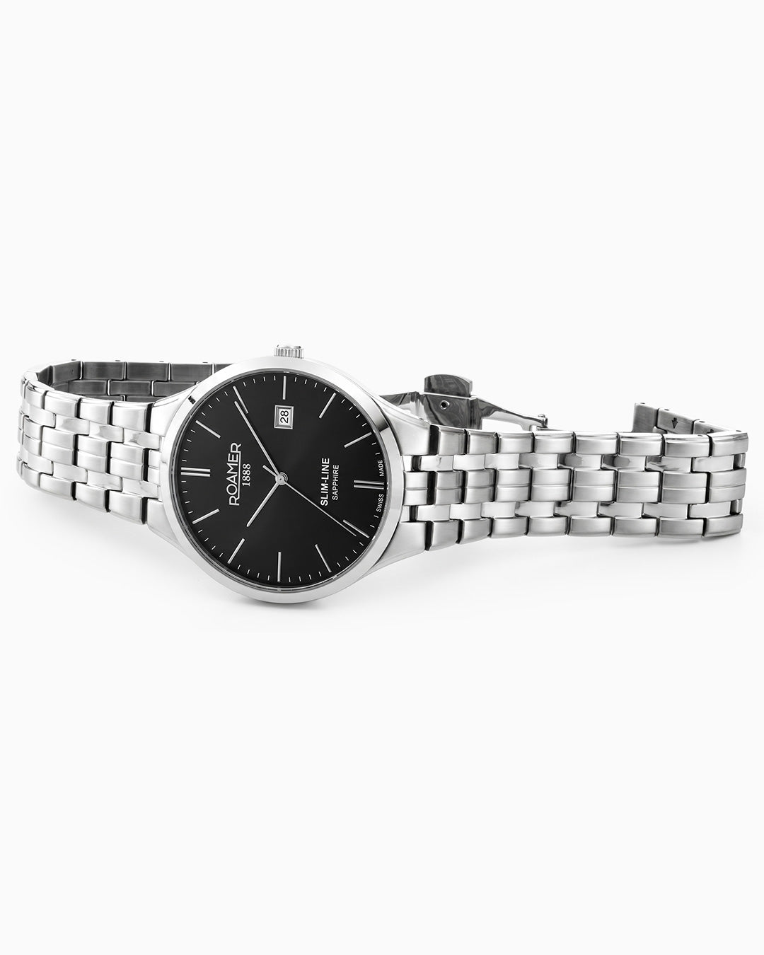 Slim Line Classic 40 mm Quartz Three-Hand Date Black Dial Silver Bracelet Sapphire glass Stainless Steel swiss watch