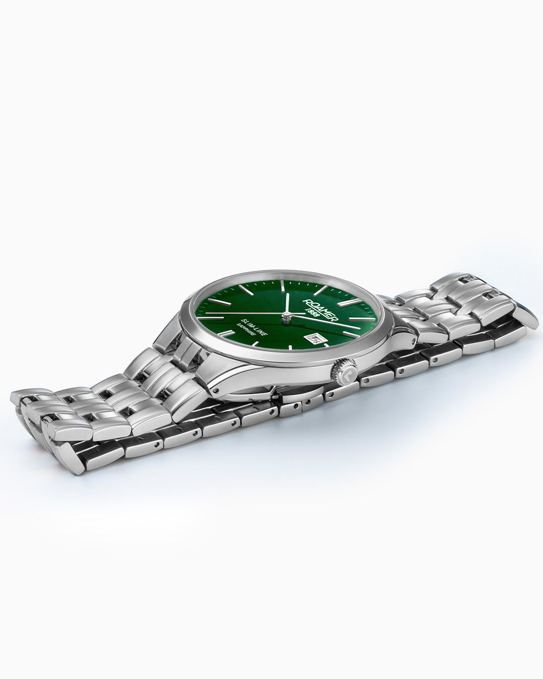Slim Line Classic 40 mm Quartz Three-Hand Date Green Dial Silver Bracelet Sapphire glass Stainless Steel swiss watch