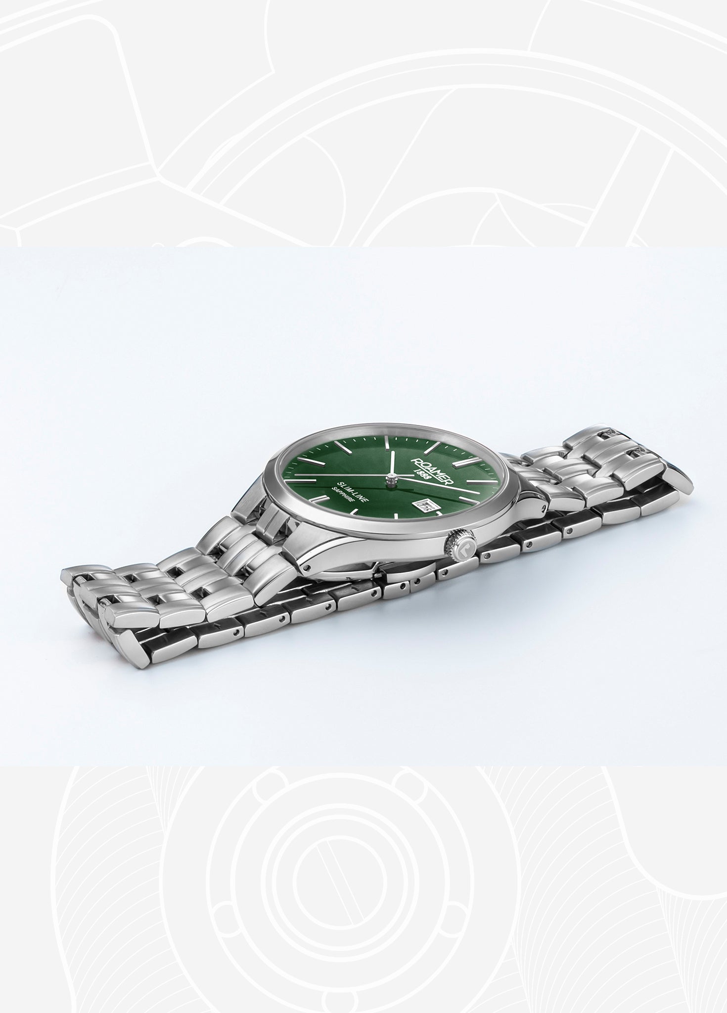 Slim Line Classic 40 mm Quartz Three-Hand Date Green Dial Silver Bracelet Sapphire glass Stainless Steel swiss watch