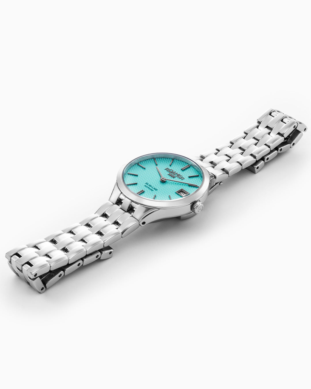 Slim Line Classic Ladies 30mm Quartz Two-Hand Date Sky Blue Dial Silver Bracelet Sapphire glass Stainless Steel swiss watch