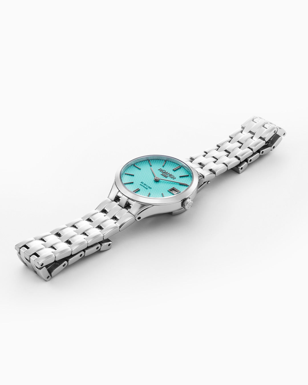 Slim Line Classic Ladies 30mm Quartz Two-Hand Date Sky Blue Dial Silver Bracelet Sapphire glass Stainless Steel swiss watch
