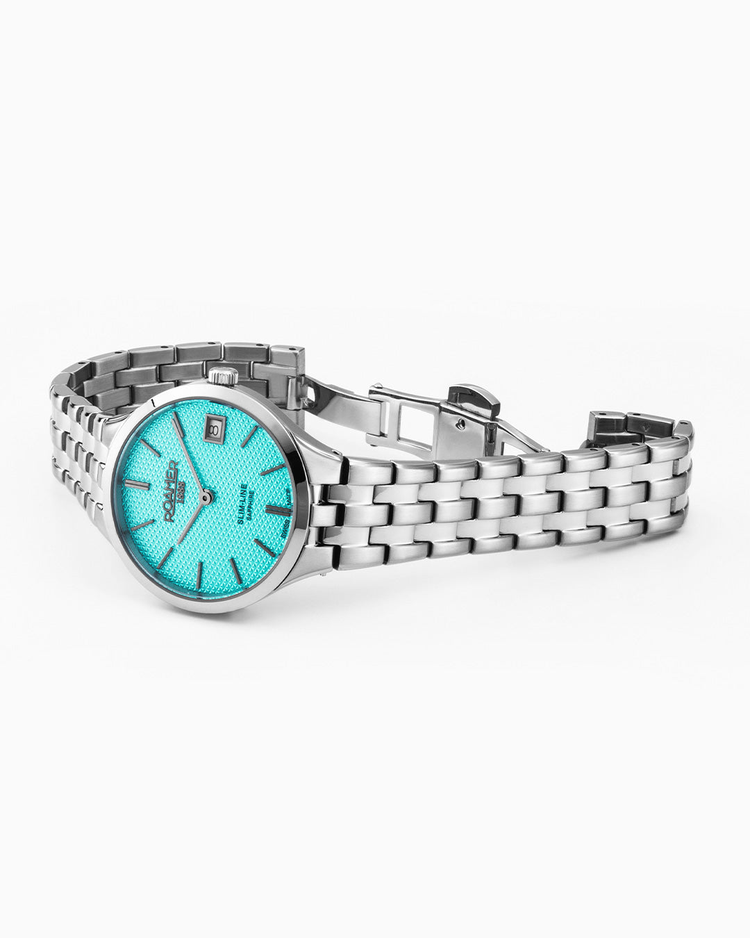 Slim Line Classic Ladies 30mm Quartz Two-Hand Date Sky Blue Dial Silver Bracelet Sapphire glass Stainless Steel swiss watch