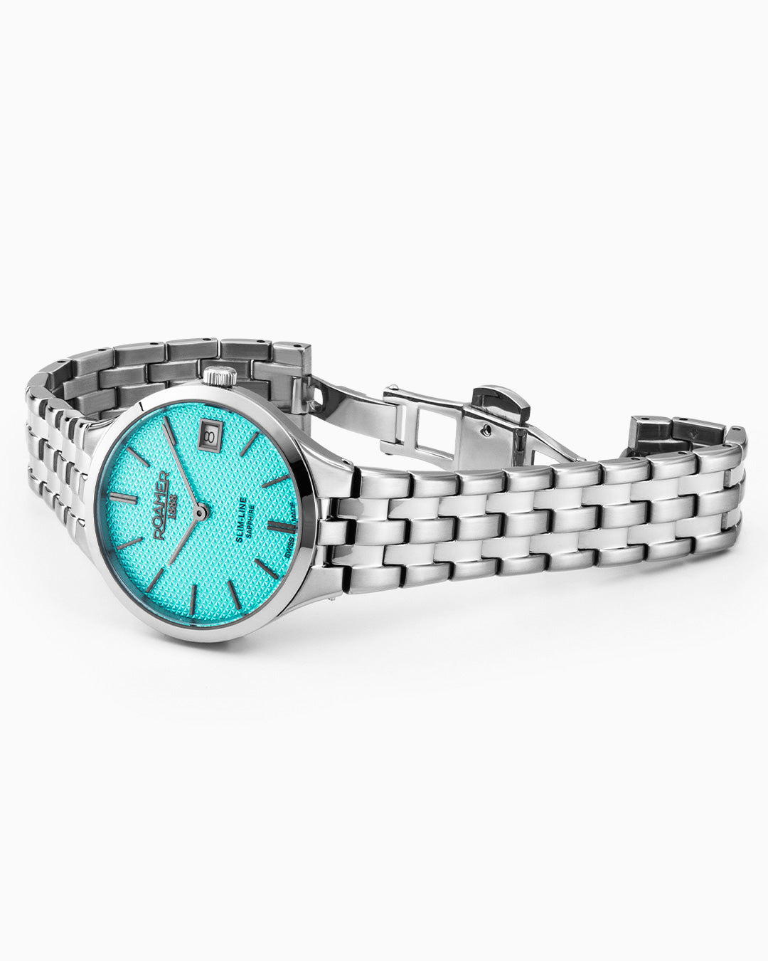 Slim Line Classic Ladies 30mm Quartz Two-Hand Date Sky Blue Dial Silver Bracelet Sapphire glass Stainless Steel swiss watch