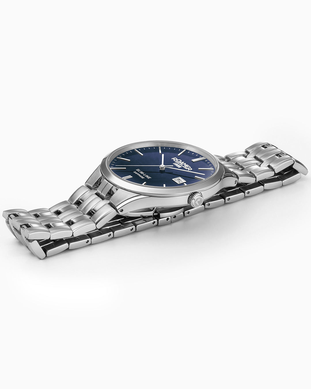 Slim Line Classic Ladies 30mm Quartz Two-Hand Date Dark Blue Dial Silver Bracelet Sapphire glass Stainless Steel Swiss watch
