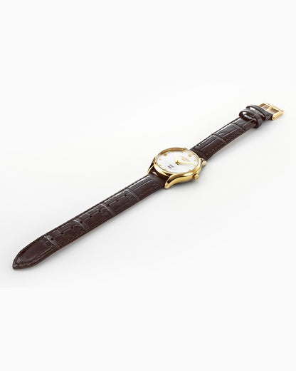 Soleure 30mm Quartz Two-Hand White MOP Dial Gold Tone Case Brown Leather Strap Sapphire glass Stainless Steel swiss watch