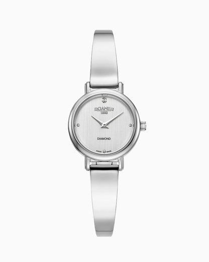 Elegance Diamond Round 25mm Quartz Two Hand Silver Dial Silver Bracelet Sapphire glass Stainless Steel swiss watch