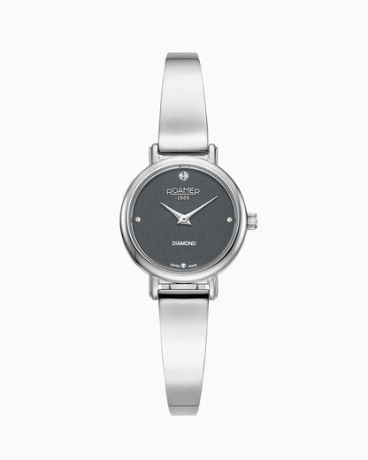 Elegance Diamond Round 25mm Quartz Two Hand Black Dial Silver Bracelet Sapphire glass Stainless Steel swiss watch