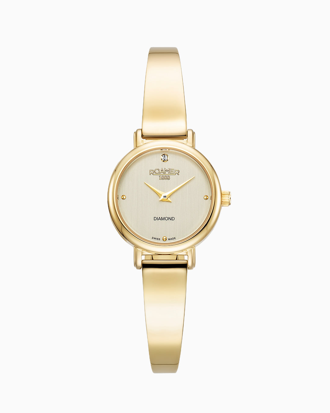 Elegance Diamond Round 25mm Quartz Two Hand Champagne Dial Golden Bracelet Sapphire glass Stainless Steel swiss watch