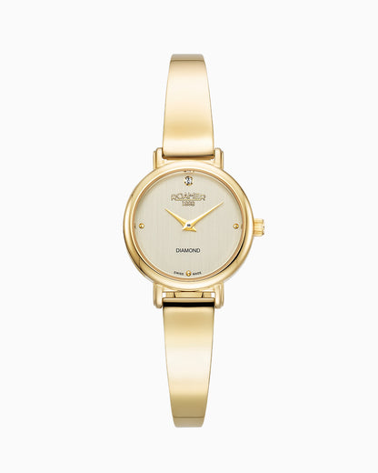 Elegance Diamond Round 25mm Quartz Two Hand Champagne Dial Golden Bracelet Sapphire glass Stainless Steel swiss watch