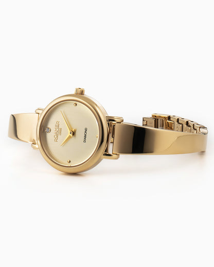 Elegance Diamond Round 25mm Quartz Two Hand Champagne Dial Golden Bracelet Sapphire glass Stainless Steel swiss watch