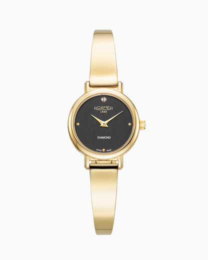 Elegance Diamond Round 25mm Quartz Two Hand Black Dial Golden Bracelet Sapphire glass Stainless Steel swiss watch
