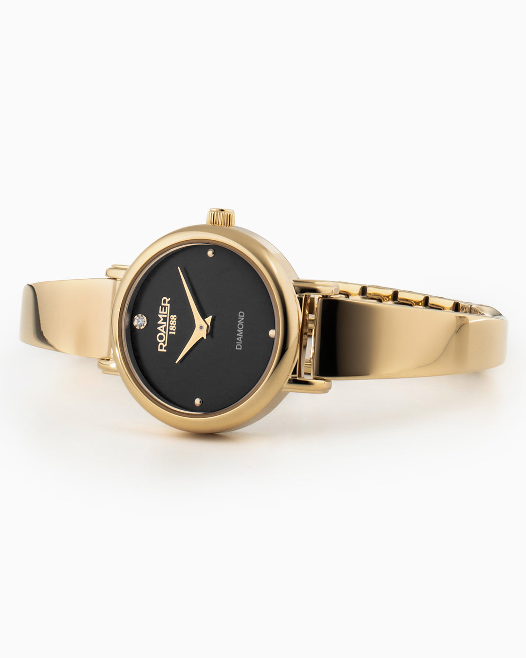 Elegance Diamond Round 25mm Quartz Two Hand Black Dial Golden Bracelet Sapphire glass Stainless Steel swiss watch