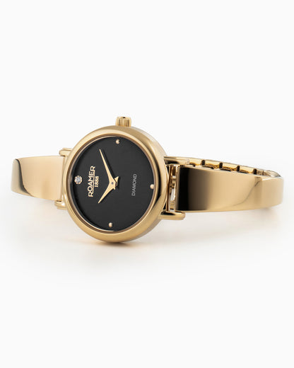 Elegance Diamond Round 25mm Quartz Two Hand Black Dial Golden Bracelet Sapphire glass Stainless Steel swiss watch