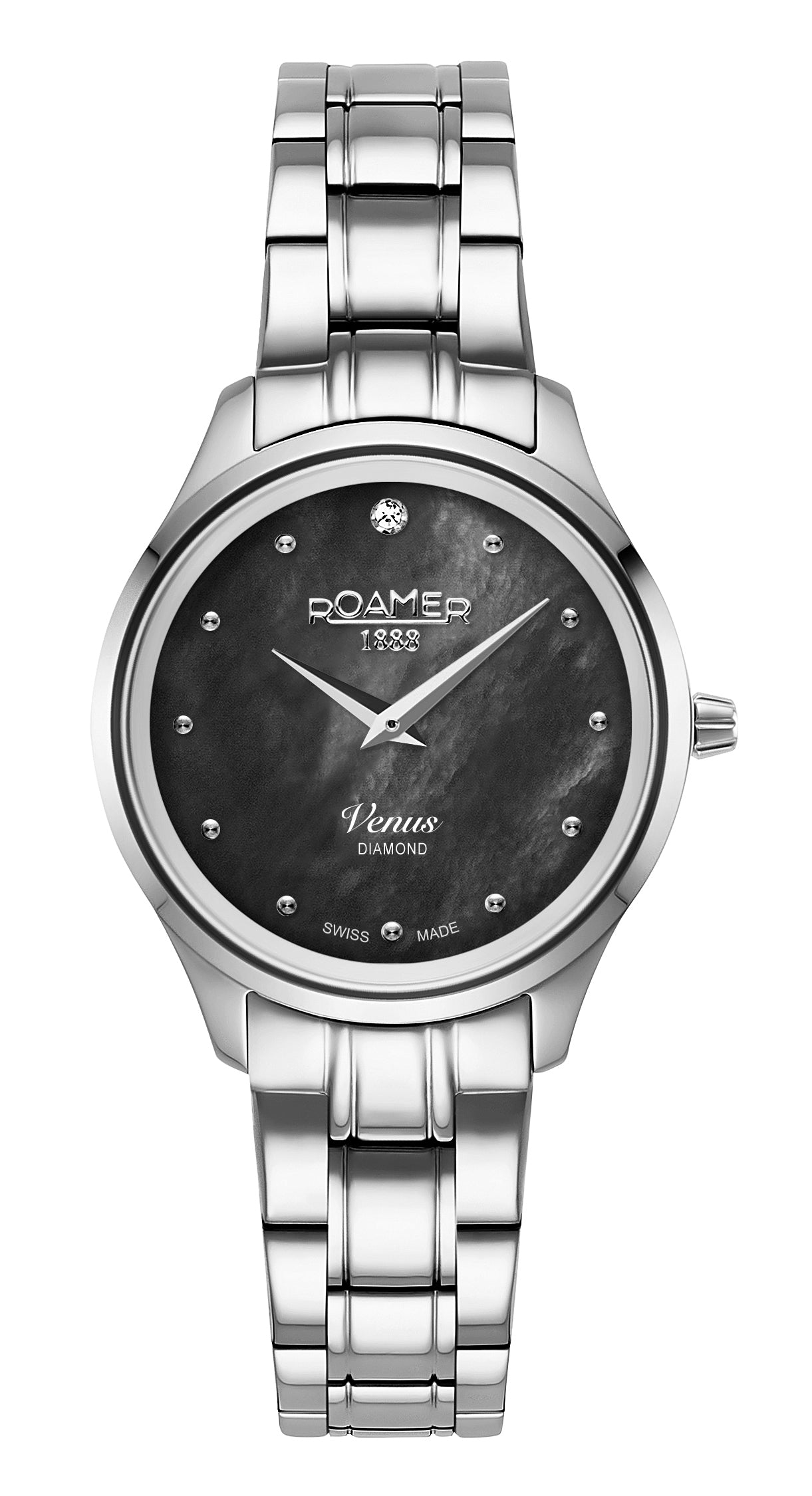 Venus Diamond 30mm Quartz Two-Hand Black Mop W/Pnp Indexes  1Pc 1.2Mm Dia Dial  Silver Bracelet Sapphire glass Stainless Steel swiss watch