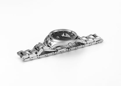 Venus Diamond 30mm Quartz Two-Hand Black Mop W/Pnp Indexes  1Pc 1.2Mm Dia Dial  Silver Bracelet Sapphire glass Stainless Steel swiss watch