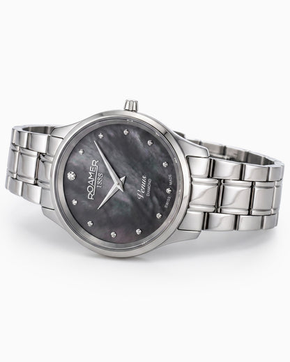 Venus Diamond 30mm Quartz Two-Hand Black Mop Silver Bracelet Sapphire glass Stainless Steel swiss watch