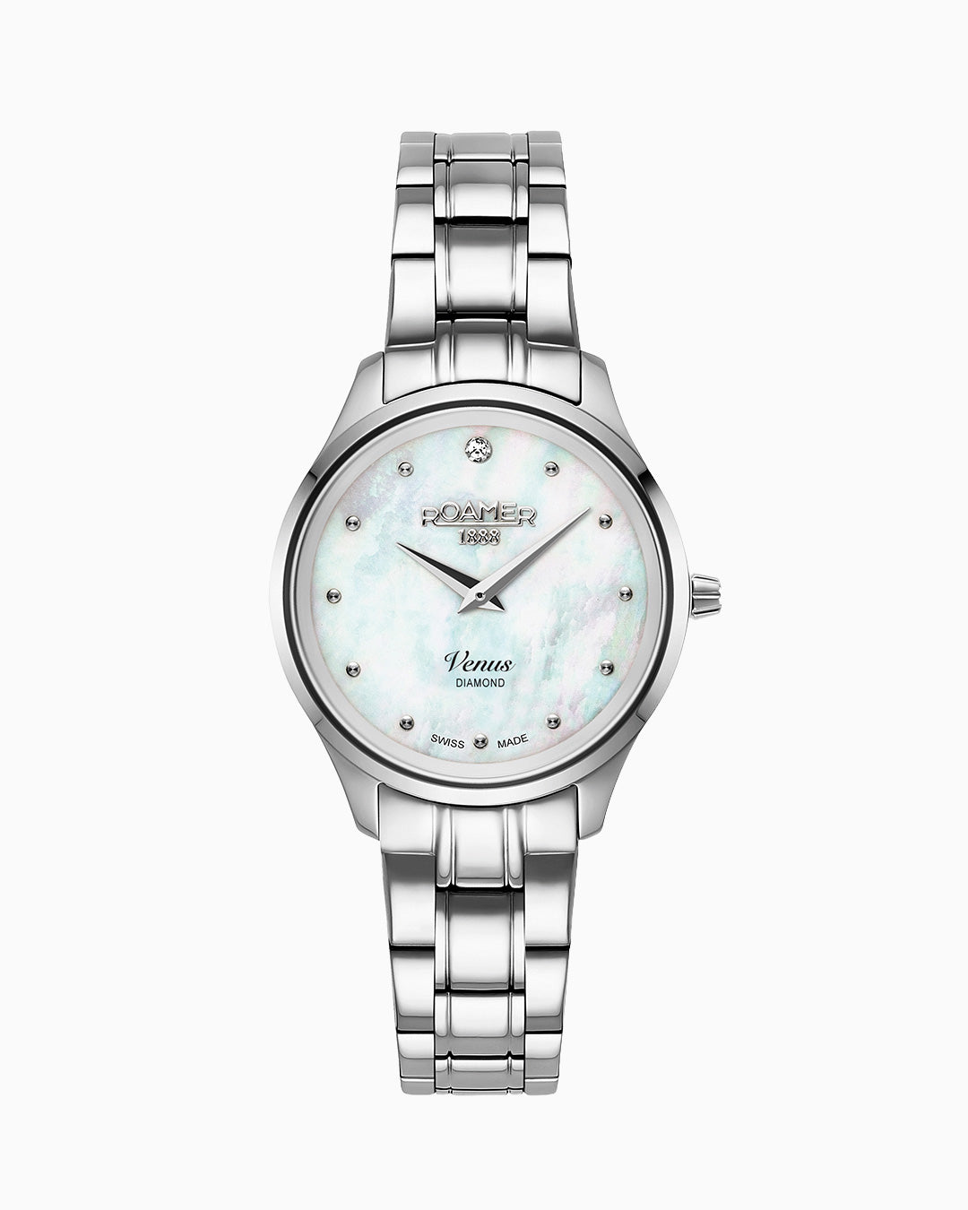 Venus Diamond 30mm Quartz Two-Hand White Mop W/Pnp Indexes, 1Pc 1.2Mm Dia Dial  Silver Bracelet Sapphire glass Stainless Steel swiss watch