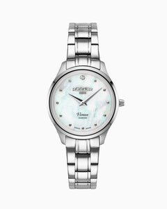 Venus Diamond 30mm Quartz Two-Hand White Mop W/Pnp Indexes, 1Pc 1.2Mm Dia Dial  Silver Bracelet Sapphire glass Stainless Steel swiss watch