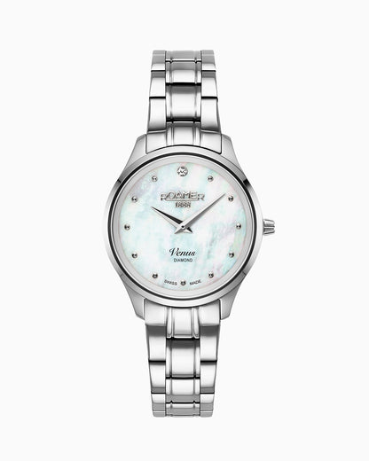 Venus Diamond 30mm Quartz Two-Hand White Mop W/Pnp Indexes, 1Pc 1.2Mm Dia Dial  Silver Bracelet Sapphire glass Stainless Steel swiss watch