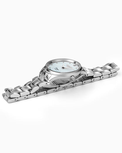 Venus Diamond 30mm Quartz Two-Hand White Mop W/Pnp Indexes, 1Pc 1.2Mm Dia Dial  Silver Bracelet Sapphire glass Stainless Steel swiss watch